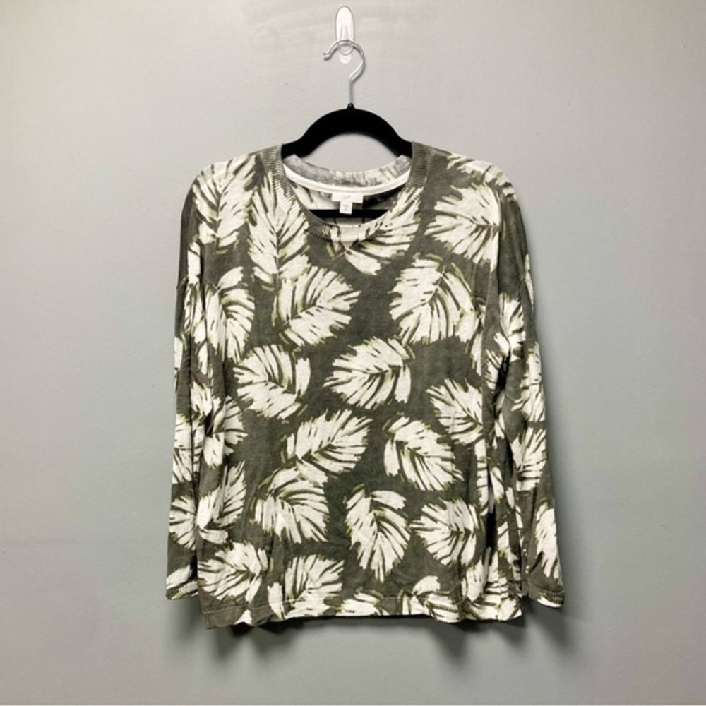 J. Jill Green White Palm Leaf Linen Blend Sweater Womens Medium‎ Petite MP